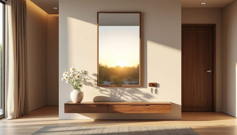 découvrez comment un miroir de grande taille peut illuminer votre entrée en réfléchissant la lumière naturelle, agrandissant ainsi l'espace et créant une ambiance accueillante.
