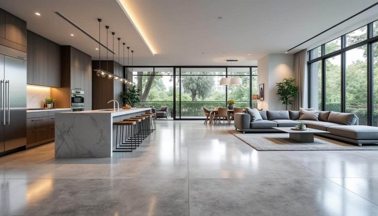 le béton ciré apporte une harmonie élégante et moderne en créant une unité visuelle parfaite entre la cuisine et le salon, pour un espace de vie convivial et design.
