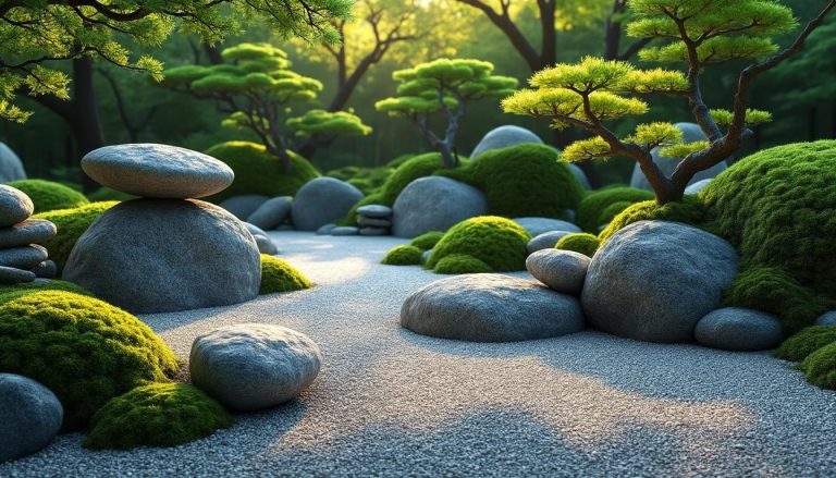 découvrez comment le jardin japonais utilise les rochers pour représenter symboliquement les montagnes, créant un paysage serein et harmonieux.