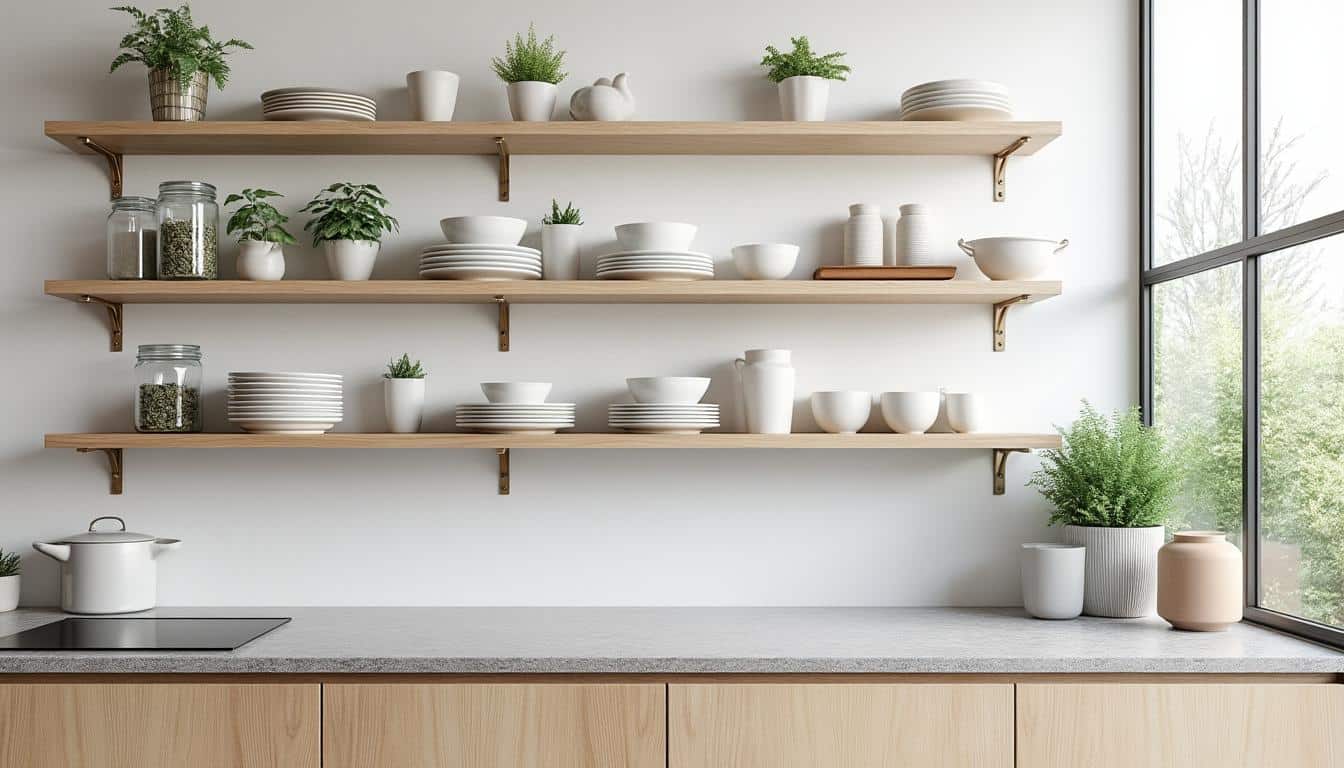 découvrez comment les étagères suspendues optimisent l'espace en libérant la surface au sol des petites cuisines pour un intérieur plus fonctionnel et esthétique.