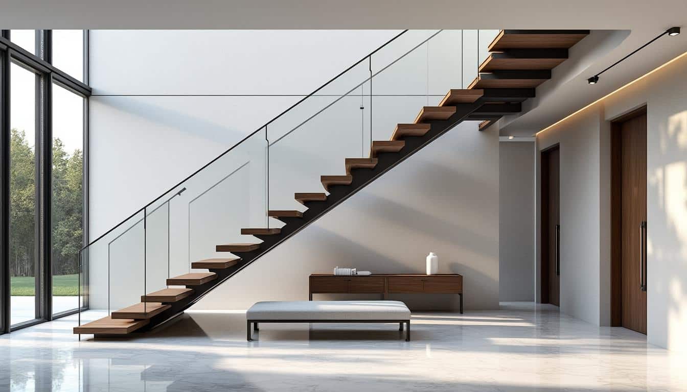 découvrez comment un escalier suspendu peut libérer de l'espace visuel dans votre hall d'entrée, offrant une ambiance légère et moderne à votre intérieur.