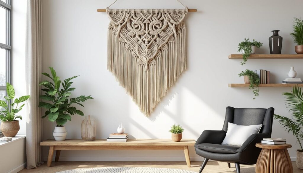 apportez chaleur et charme à vos murs blancs grâce à la décoration murale en macramé, une touche artisanale et tendance pour sublimer votre intérieur.