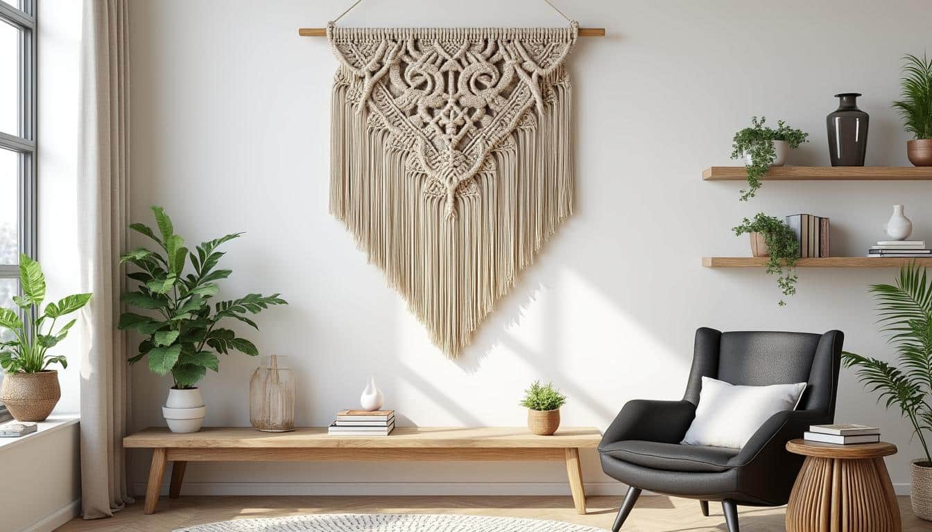 apportez chaleur et charme à vos murs blancs grâce à la décoration murale en macramé, une touche artisanale et tendance pour sublimer votre intérieur.