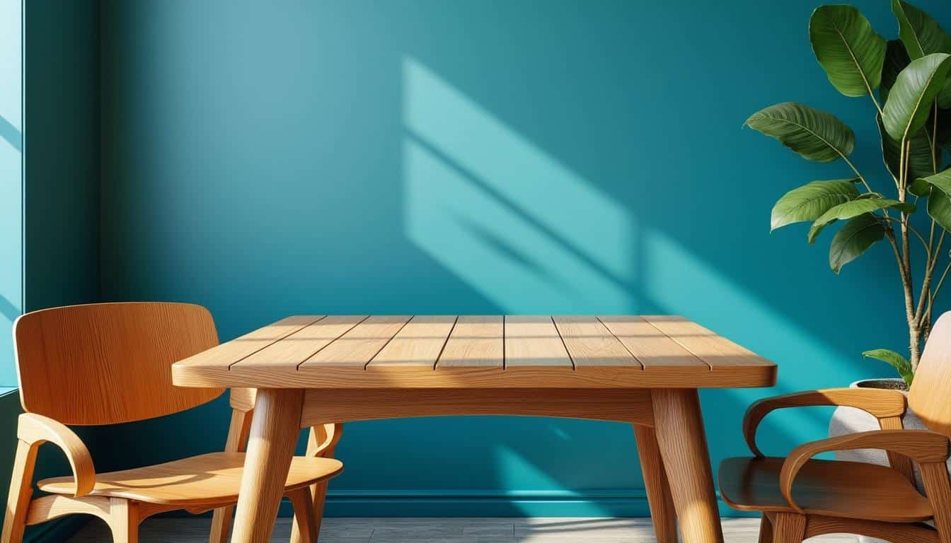 découvrez comment le bleu canard apporte un contraste saisissant et élégant lorsqu'il est associé à un mobilier en bois, créant une ambiance chic et chaleureuse.