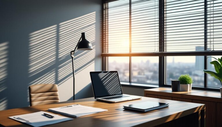 découvrez comment les stores vénitiens permettent de doser précisément l'ombre dans votre bureau pour un confort optimal et une meilleure concentration.