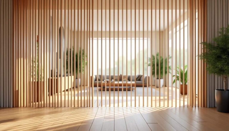 découvrez comment un claustra en bois sépare l'entrée tout en laissant passer la lumière, alliant esthétique et fonctionnalité pour un intérieur lumineux et accueillant.