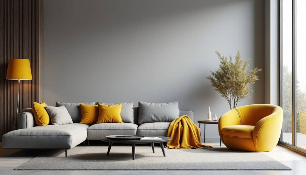 découvrez comment le jaune moutarde apporte une touche lumineuse et chaleureuse qui dynamise les tons gris dans la décoration intérieure moderne.
