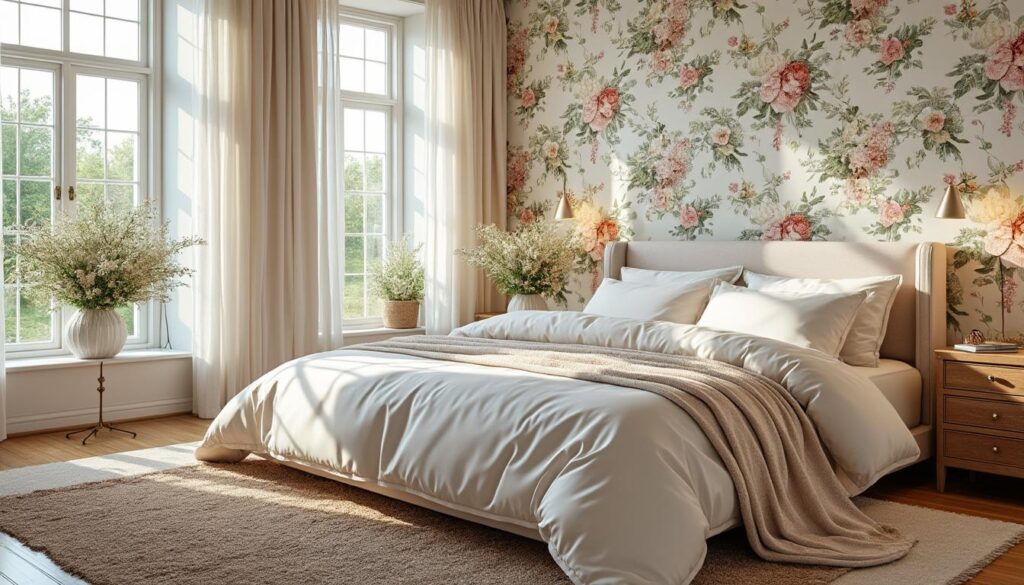apportez une touche champêtre à votre suite avec notre papier peint fleuri, qui crée une ambiance chaleureuse et naturelle.