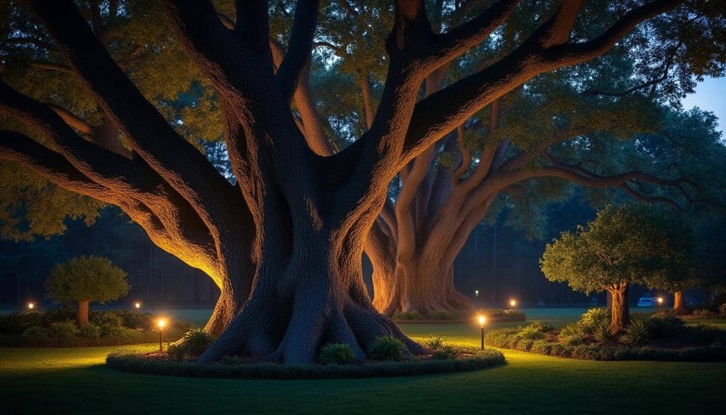 découvrez comment l'éclairage extérieur met en valeur les arbres remarquables la nuit, sublimant leur beauté et créant une ambiance magique dans votre jardin.