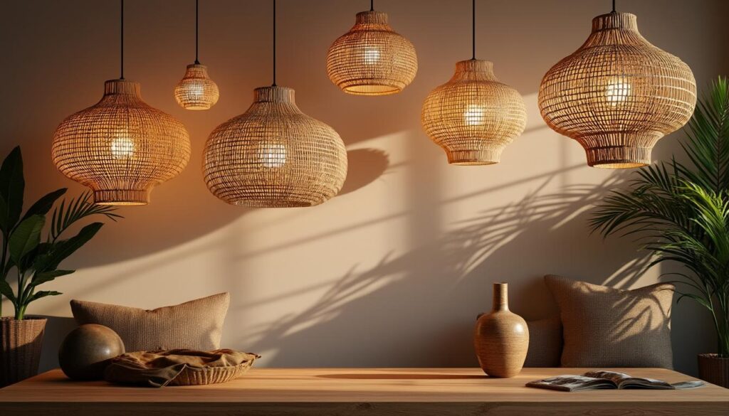 découvrez comment les suspensions en osier diffusent des ombres portées élégantes et décoratives, apportant une ambiance chaleureuse et naturelle à votre intérieur.
