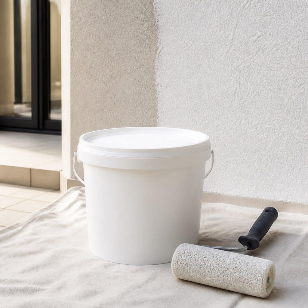 Pot de peinture hydrofuge façade extérieure avec rouleau