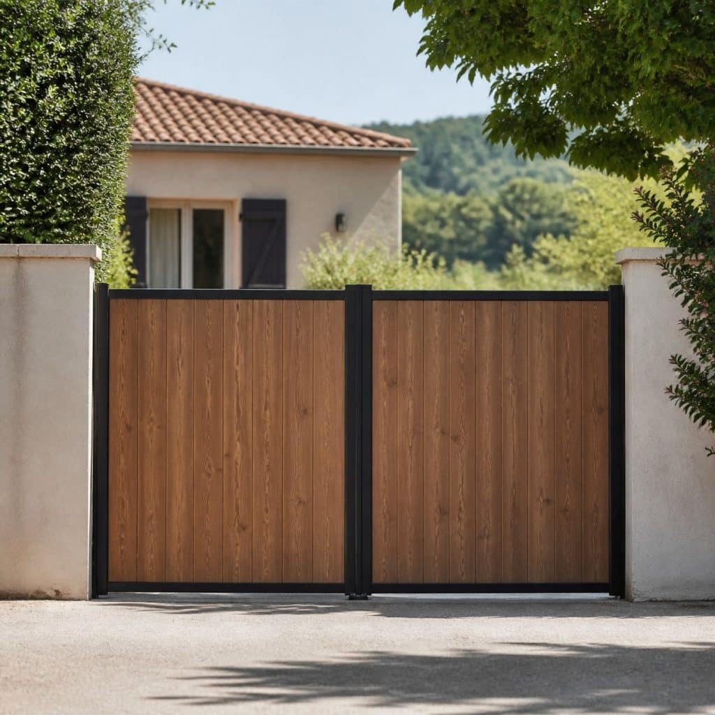 Portail bois ossature aluminium habillage bois fermé, vue de face