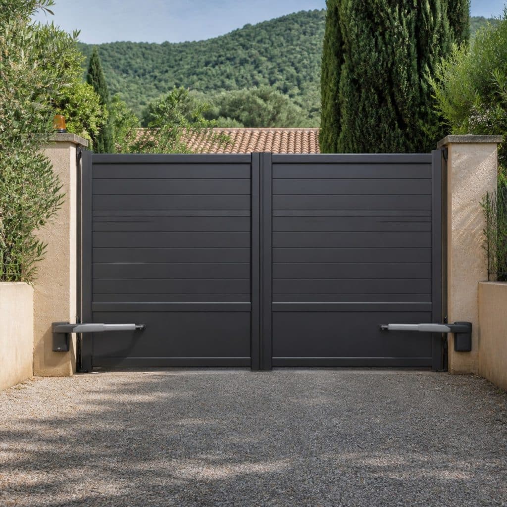 Portail électrique acier robuste 2 battants fermé, vue de face