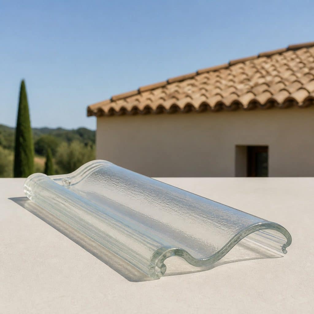 Tuile romane en verre translucide présentée seule