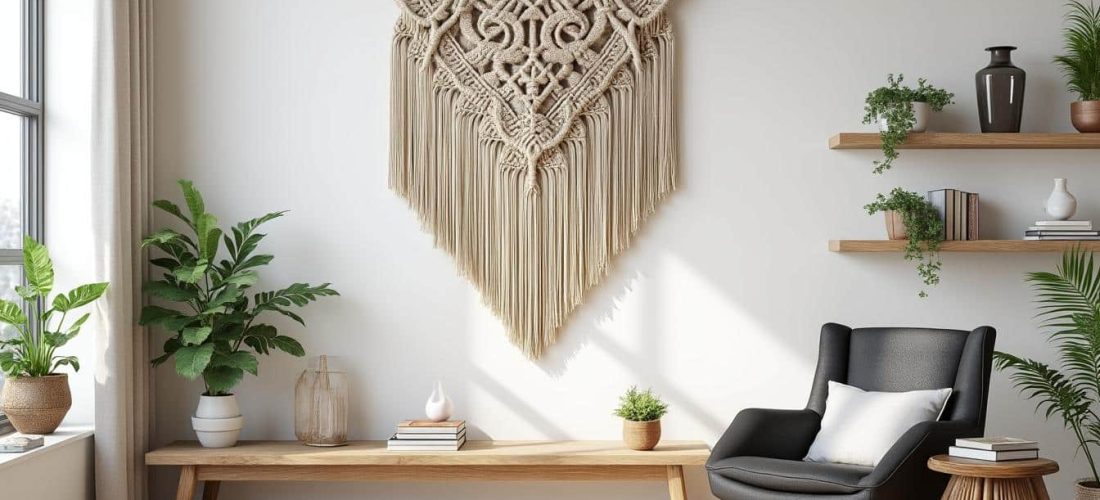 apportez chaleur et charme à vos murs blancs grâce à la décoration murale en macramé, une touche artisanale et tendance pour sublimer votre intérieur.