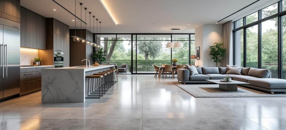 le béton ciré apporte une harmonie élégante et moderne en créant une unité visuelle parfaite entre la cuisine et le salon, pour un espace de vie convivial et design.