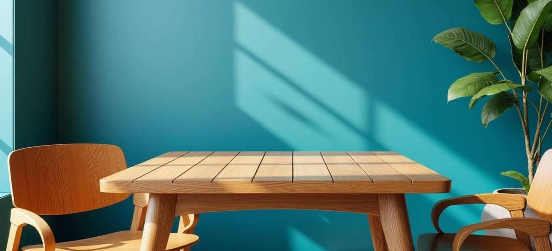 découvrez comment le bleu canard apporte un contraste saisissant et élégant lorsqu'il est associé à un mobilier en bois, créant une ambiance chic et chaleureuse.