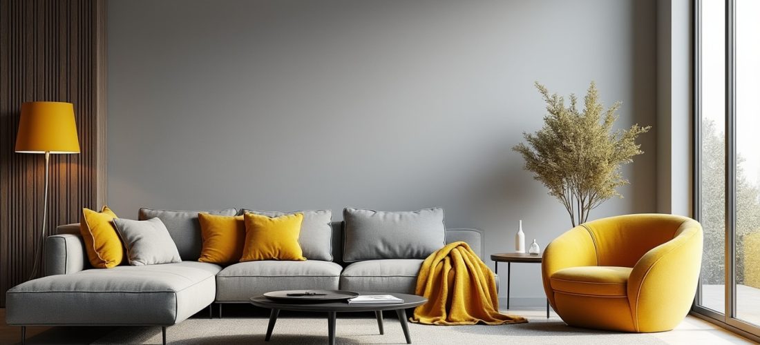 découvrez comment le jaune moutarde apporte une touche lumineuse et chaleureuse qui dynamise les tons gris dans la décoration intérieure moderne.