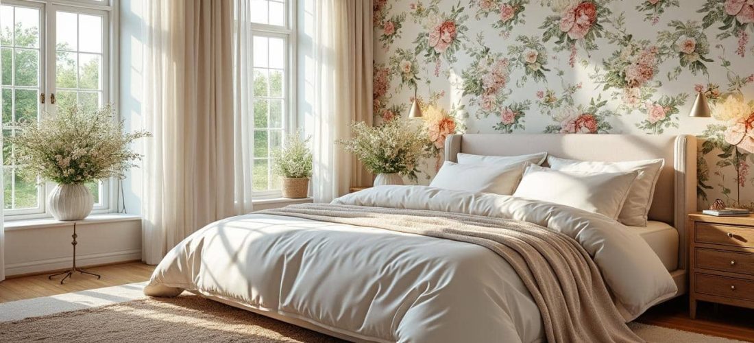 apportez une touche champêtre à votre suite avec notre papier peint fleuri, qui crée une ambiance chaleureuse et naturelle.